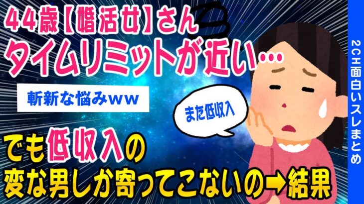 【2ch面白いスレ】44歳婚活女さん「タイムリミットが迫っています…でも低収入の変な男しか寄ってこない…」→結果…ww【ゆっくり解説】