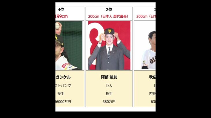 現役プロ野球選手  高身長ランキング  佐々木選手もランクイン？