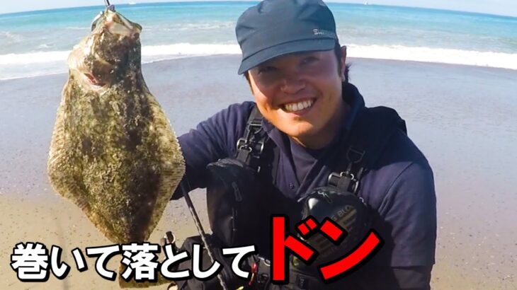 遠浅サーフでヒラメ釣り。ルアーを巻いて落として釣る方法。