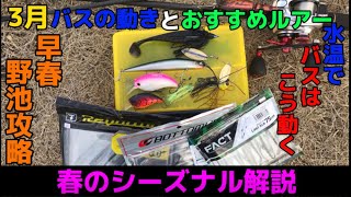 【バス釣り】3月バスは野池のどこにいるの？おすすめルアーと水温によるバスの動きを解説【早春のビッグベイトパターン】や【スコーンリグ】を使うメリットなど3月野池をメインに説明