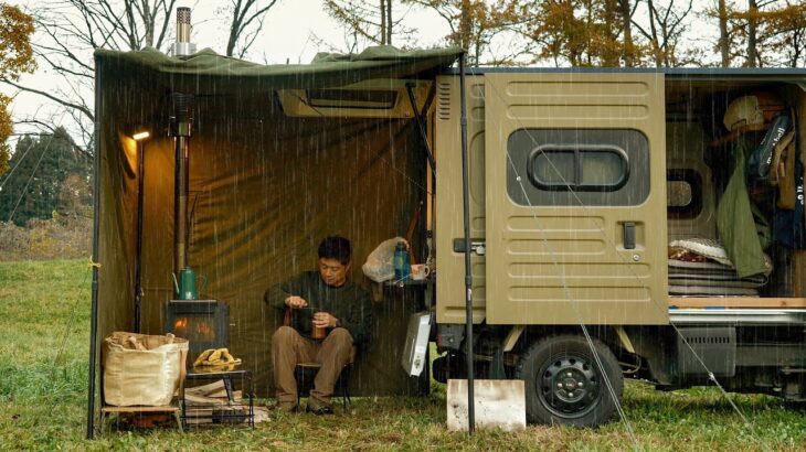 【車中泊キャンプ】動く秘密基地！小雨降る気温３℃  薪ストーブで暖まるソロ車中泊  Relaxing nature sounds EcoFlow DELTA Max2000 アソビトキャンプフィールド