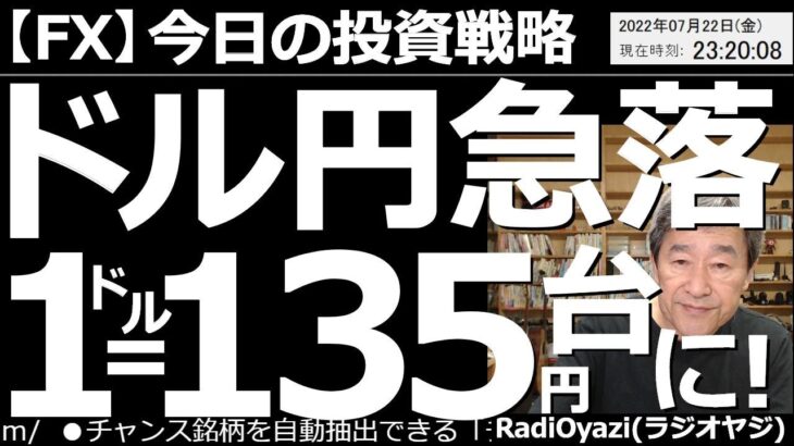 【為替(FX)－今日の投資戦略】ドル円急落！１ドル＝135円台に！　米金利の低下などを受け、ドル安、円高が進んでいる。133円付近まで下げれば買いが入る可能性が高いが、大きな調整もありえるので要注意。