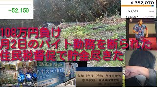 2日後退職。FXでやられ108万円負け。会社に月2日のバイト勤務をお願いするも断られた。税金督促を払い貯蓄が底をついた。明日の最終面談後、弁護士事務所に行く。戦犯吉田麻也のように人に迷惑かけ生きていく