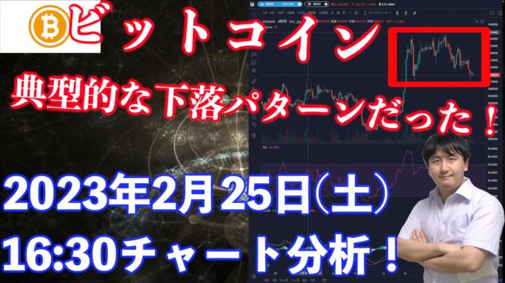 【社会人向け】【投資・暗号資産】2023年2月25日(土)16:30チャート分析！BTC典型的な下落のパターンだった！
