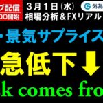 FX ライブ配信、米国・景気サプライズ指数が急低下、Risk comes form? (2023年3月1日)