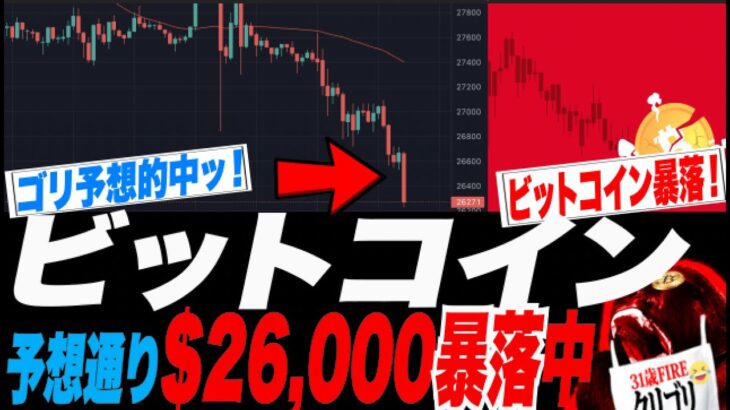【緊急号外！予想的中！】ビットコイン爆落中$26,000！数日前暴落警告が現実に！$25,000台は今夜かッ！？