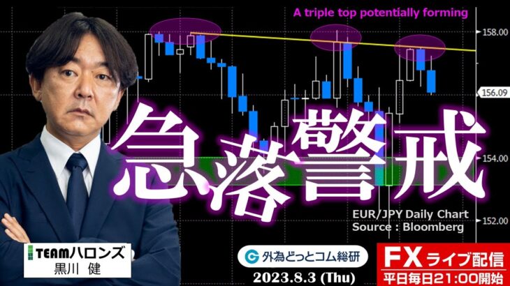 FX ライブ配信、リスクオフ相場継続 クロス円急落警戒、特にユーロ円 (2023年8月3日)