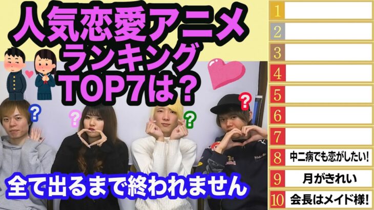 「人気恋愛アニメランキング」TOP7を当てるクイズ【ランキング】