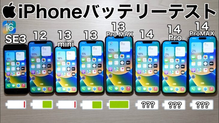 iPhone14 Pro MAX vs 14/14Pro/SE3/12/13/13mini/13 Pro MAX バッテリー耐久テスト!8台同時に実施した結果が面白い件 (Battery Test)