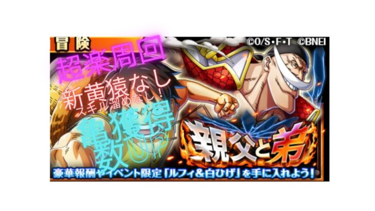 ワンピース　トレジャークルーズ【トレクル】【OPTC】　亀イベント　新フェス限『黄猿』なし編成！『親父と弟』の攻略動画です。