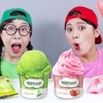 ピンクVSグリーンのアイスクリームデザートチャレンジドナ