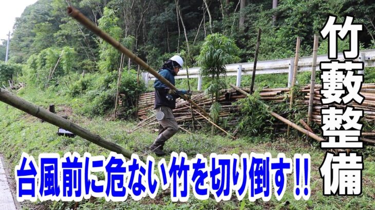 台風前に道路に倒れそうな竹を切り倒して少しでも危険を少なくする